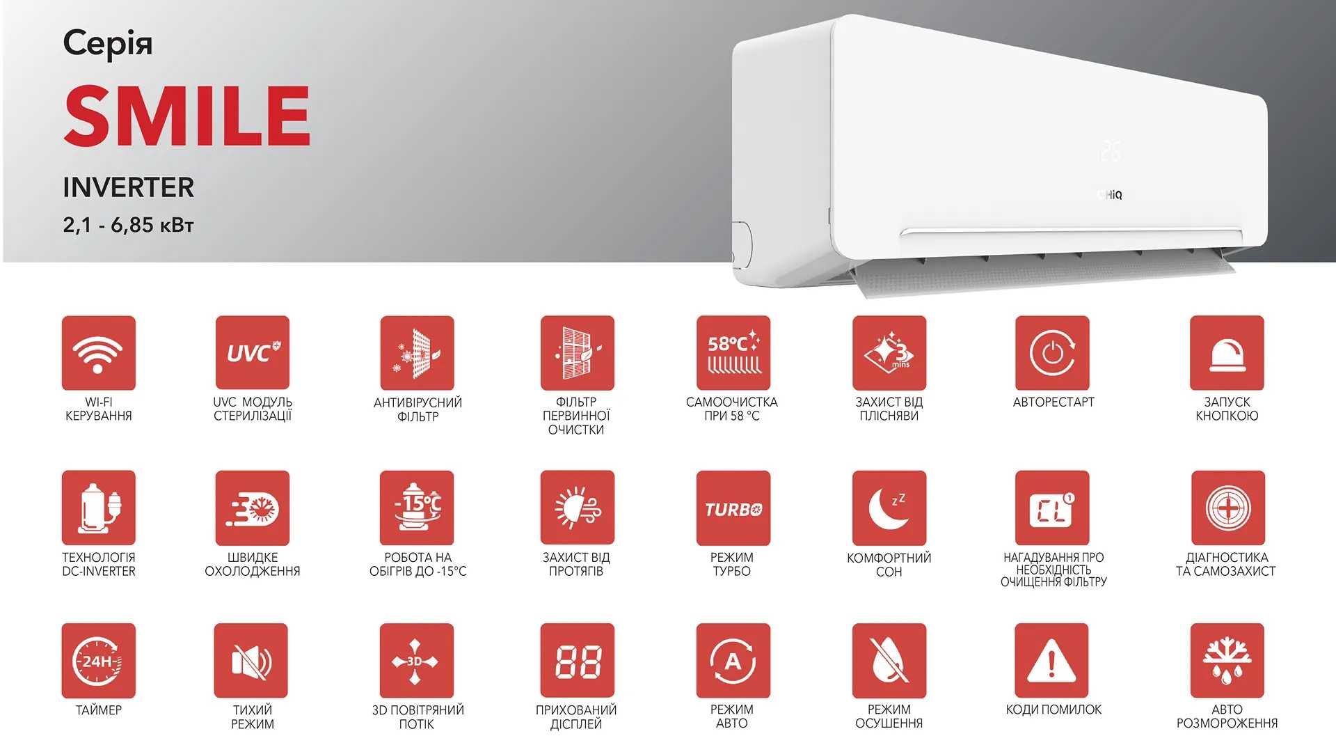 Кондиционер INVERTER - 15°C «CHiQ» Серия Smile 7, 9, 12, 18, 24 «GREE»