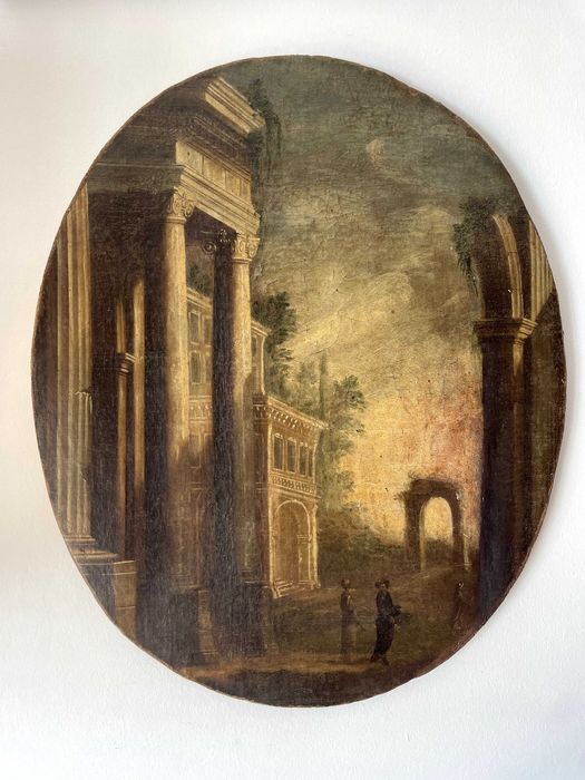 Pintura Antiga Séc. XVII ou XVIII – Óleo Oval Ruínas Romanas