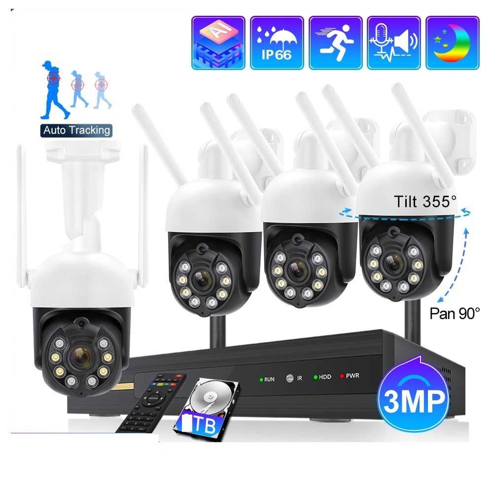 Kit 4 câmaras Rotativas 3MP • WiFi • Auto-Tracking •Áudio Bidirecional