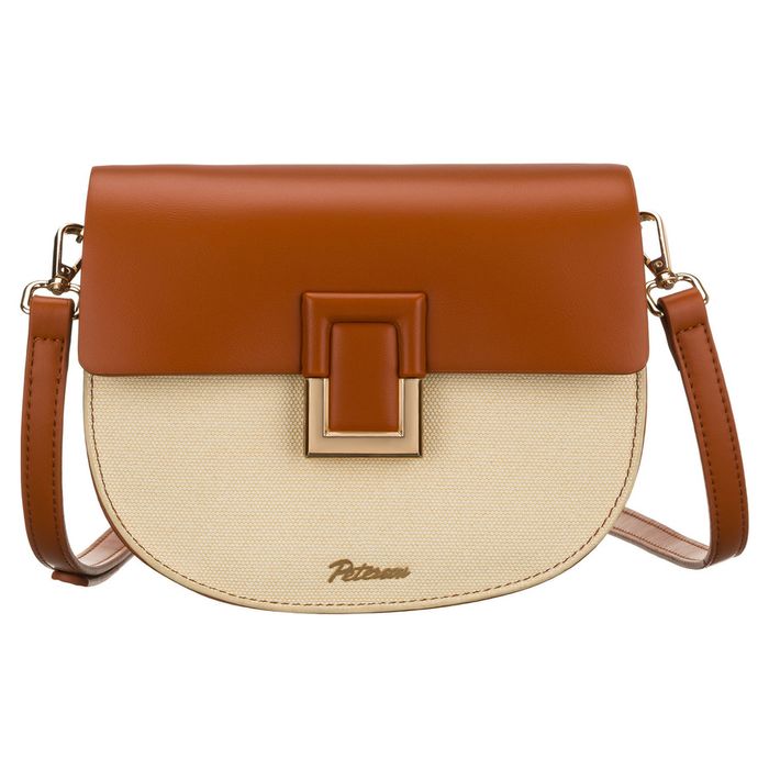 mała torebka damska w kształcie podkówki w kolorach ecru i brązowym