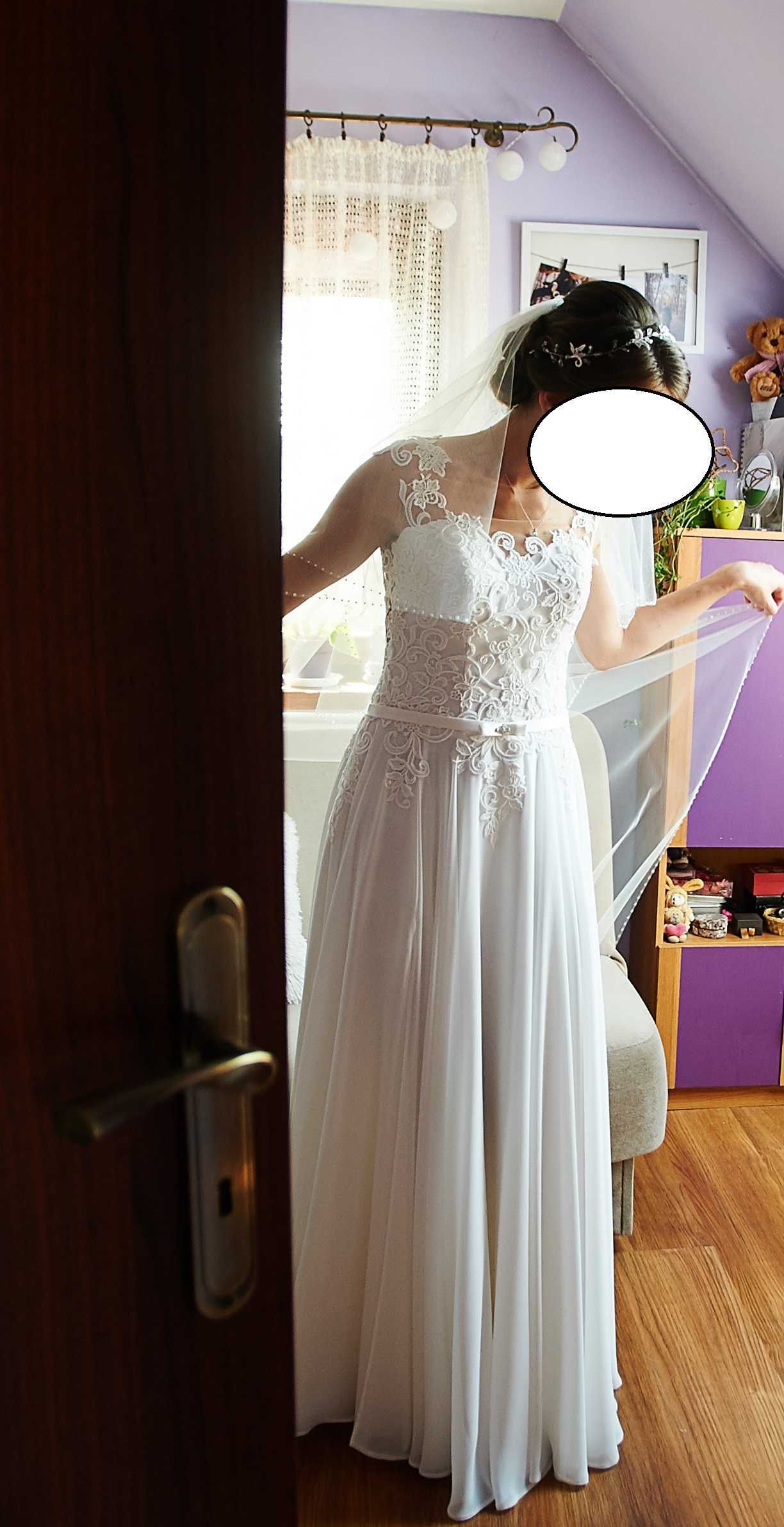 suknia ślubna sukienka wesele długa biała rozmiar S, welon GRATIS!