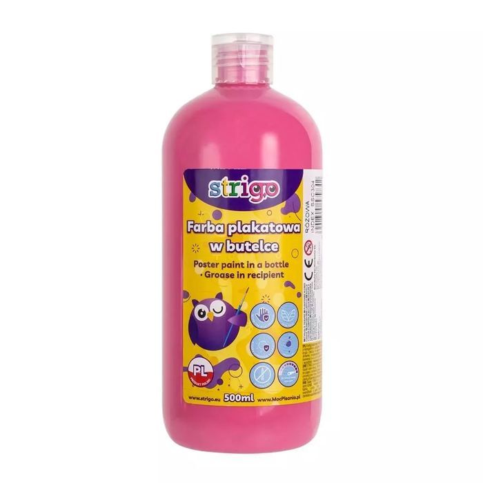 Farba plakatowa w butelce 500ml różowa STRIGO. Strigo