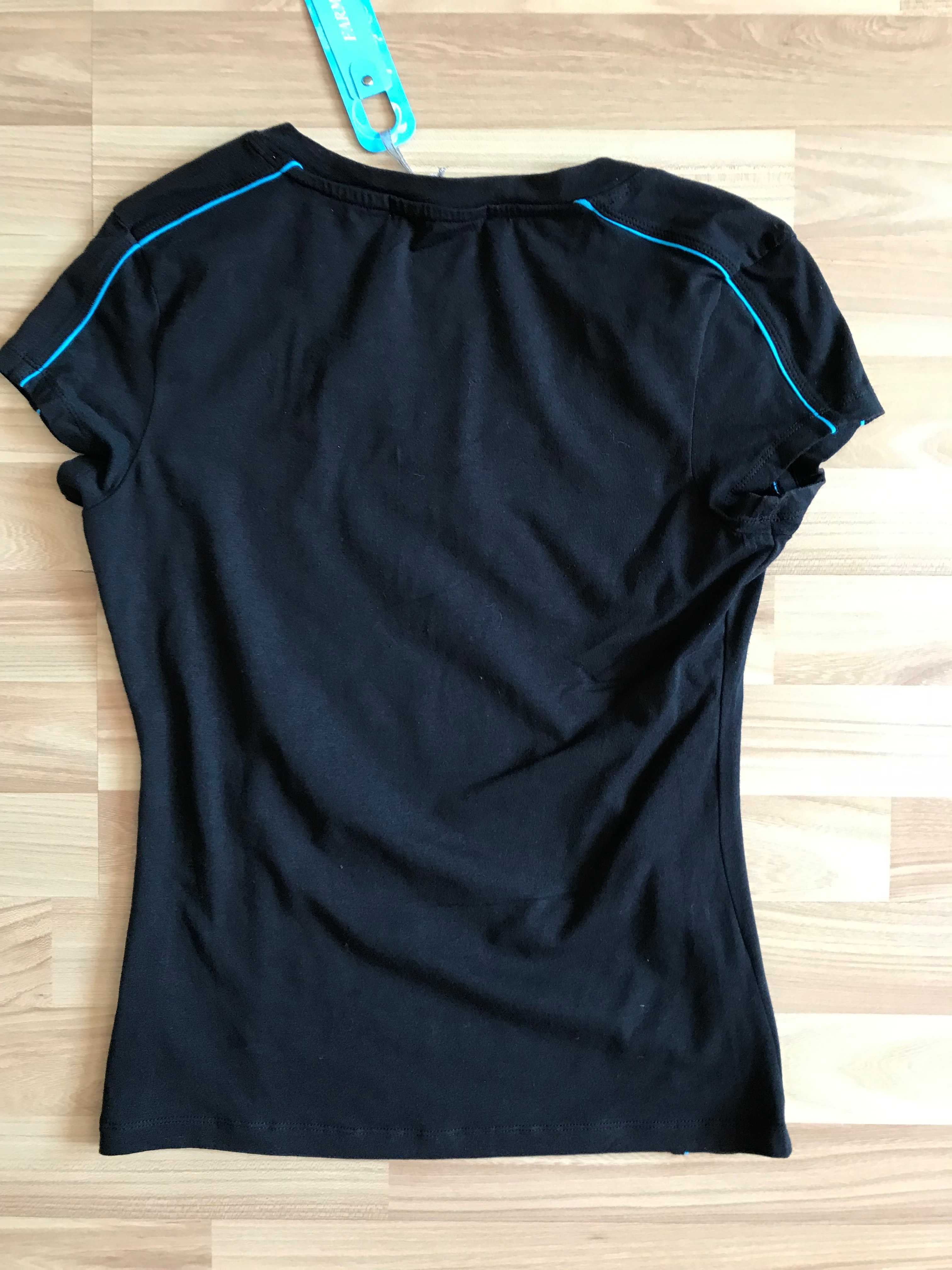 Czarna koszulka sportowa r. 42 do jogi lub biegania z niebieskim pasem