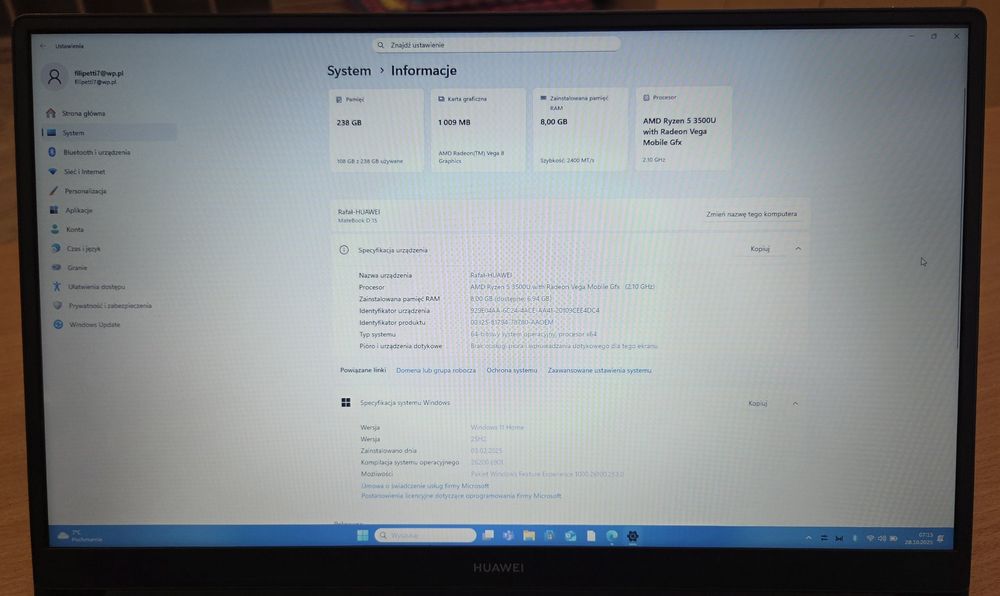 Laptop HUAWEI D 15 2020r. AMD Ryżem 5, 15.6"