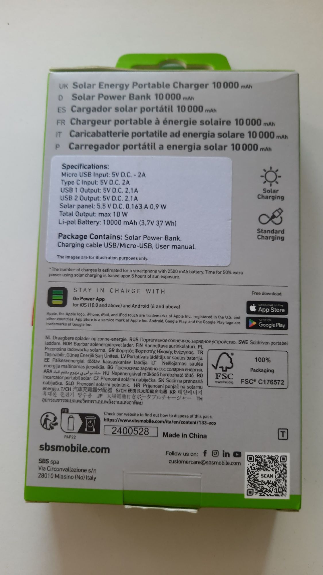 Powerbank solarny SBS TTBB10000SK 10000mAH 10W Czarny