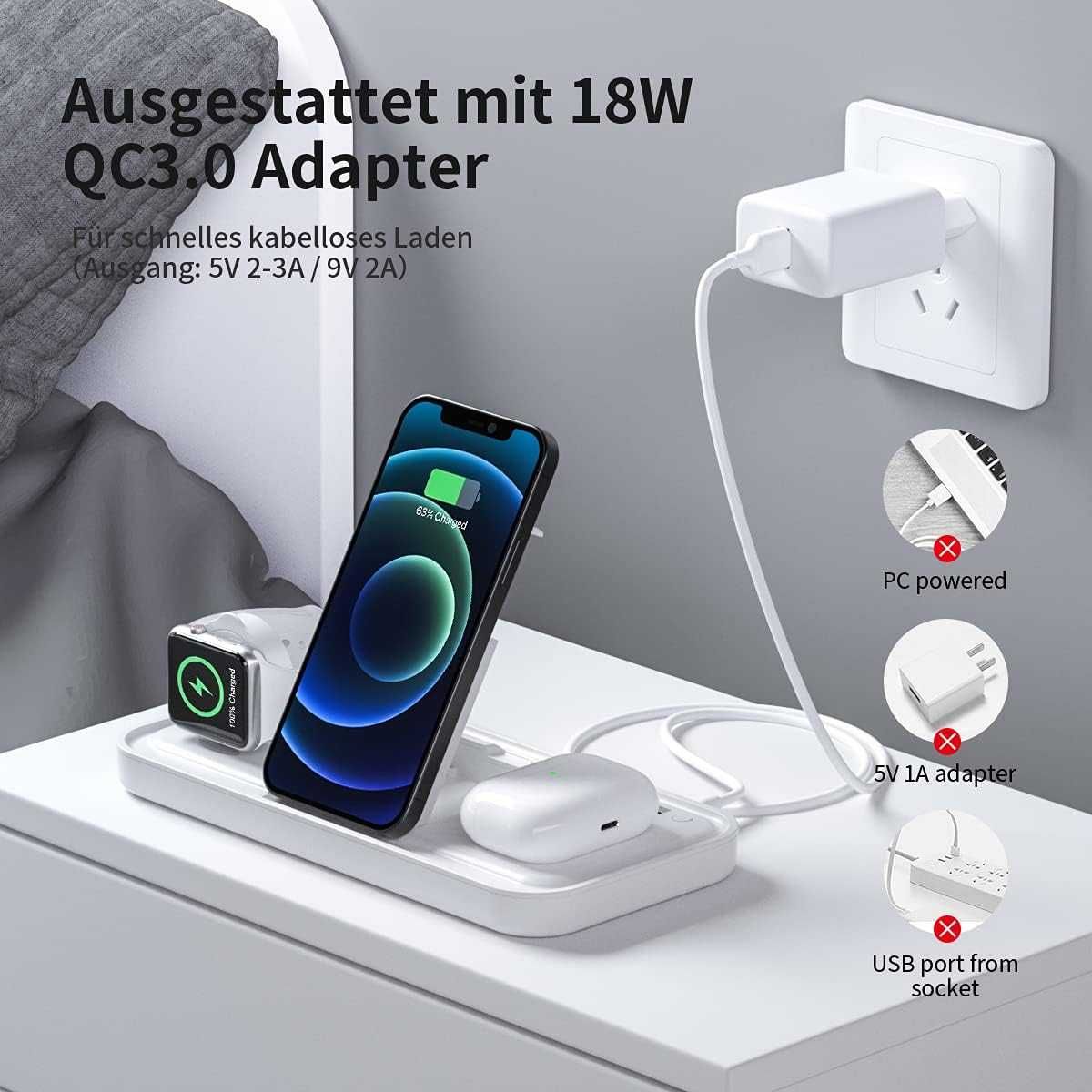 Jekeco ładowarka indukcyjna 4w1 iPhone Airpods Apple Watch 18W latarka