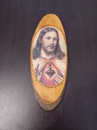 Obraz Jezus Miłosierny wykonany z drewnianego pnia 44x16 cm