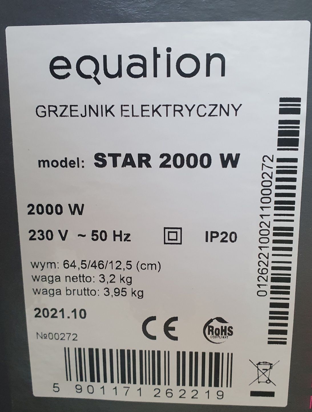 Grzejnik elektryczny konwektorowy - Equation STAR 2000 W (230 V ~ 50 H
