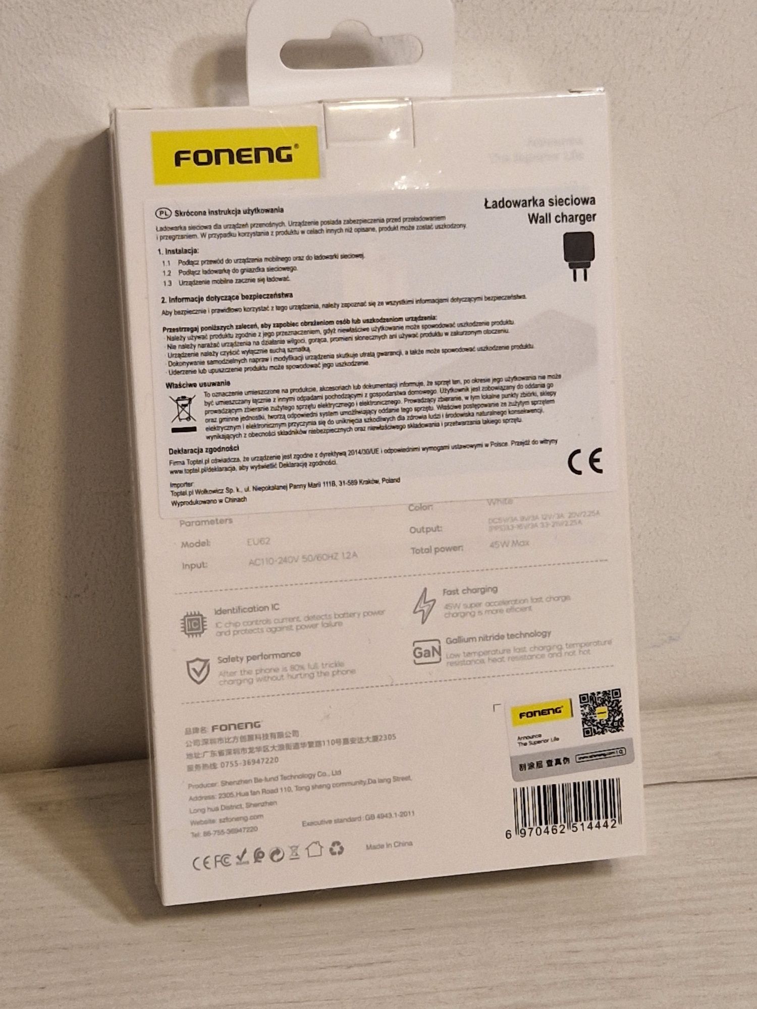 Foneng Ładowarka sieciowa EU62 GaN - Typ C - PD 45W biała