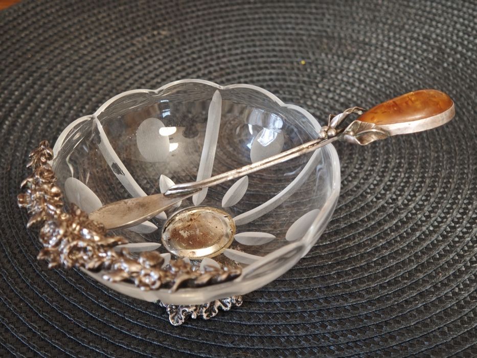 ANTYK Secesyjna Cukiernica Kryształowa w Srebrnej Oprawie + Łyżeczka