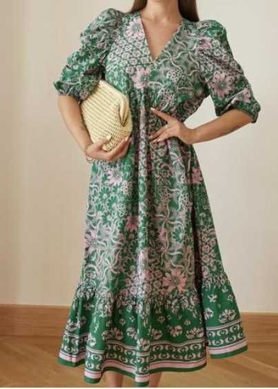 євро 46 / 50-52-54 довга сукня зелена в рожевих квітах бавовна платье