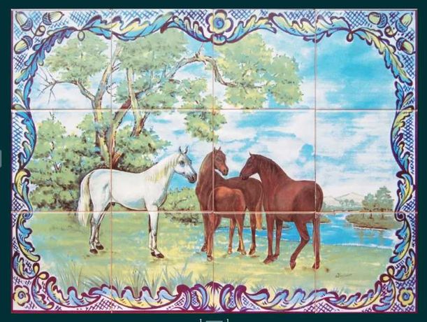 Paineis de Azulejos Cavalos Éguas p Parede Paisagem Equestre Cavalaria
