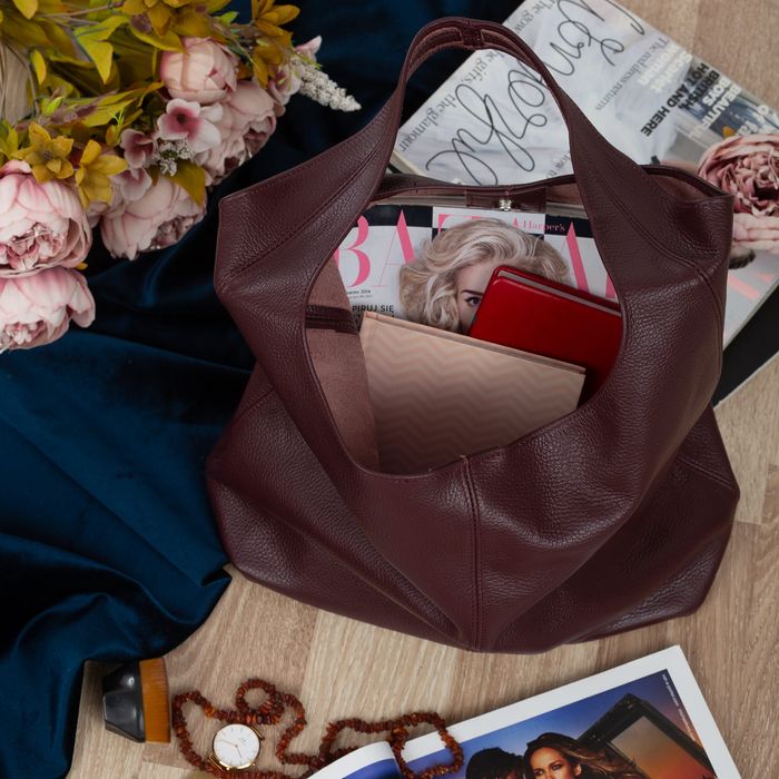 VERA PELLE torebka skórzana worek na ramię z saszetką V517 c.bordowa