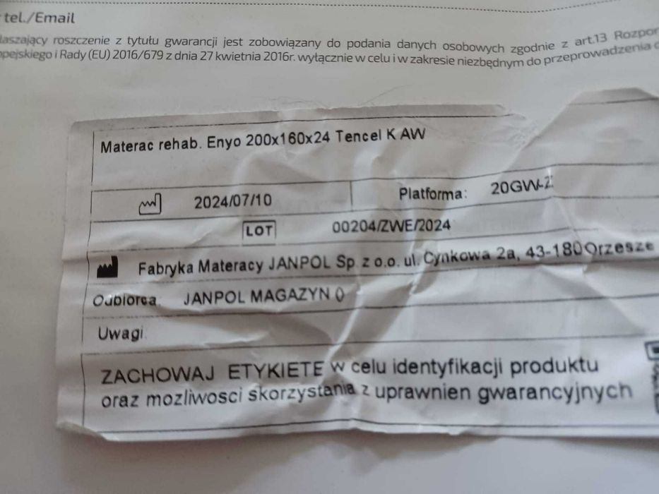 Materac rehabilitacyjny Enyo 200x160x24 + stelaż Apollo II