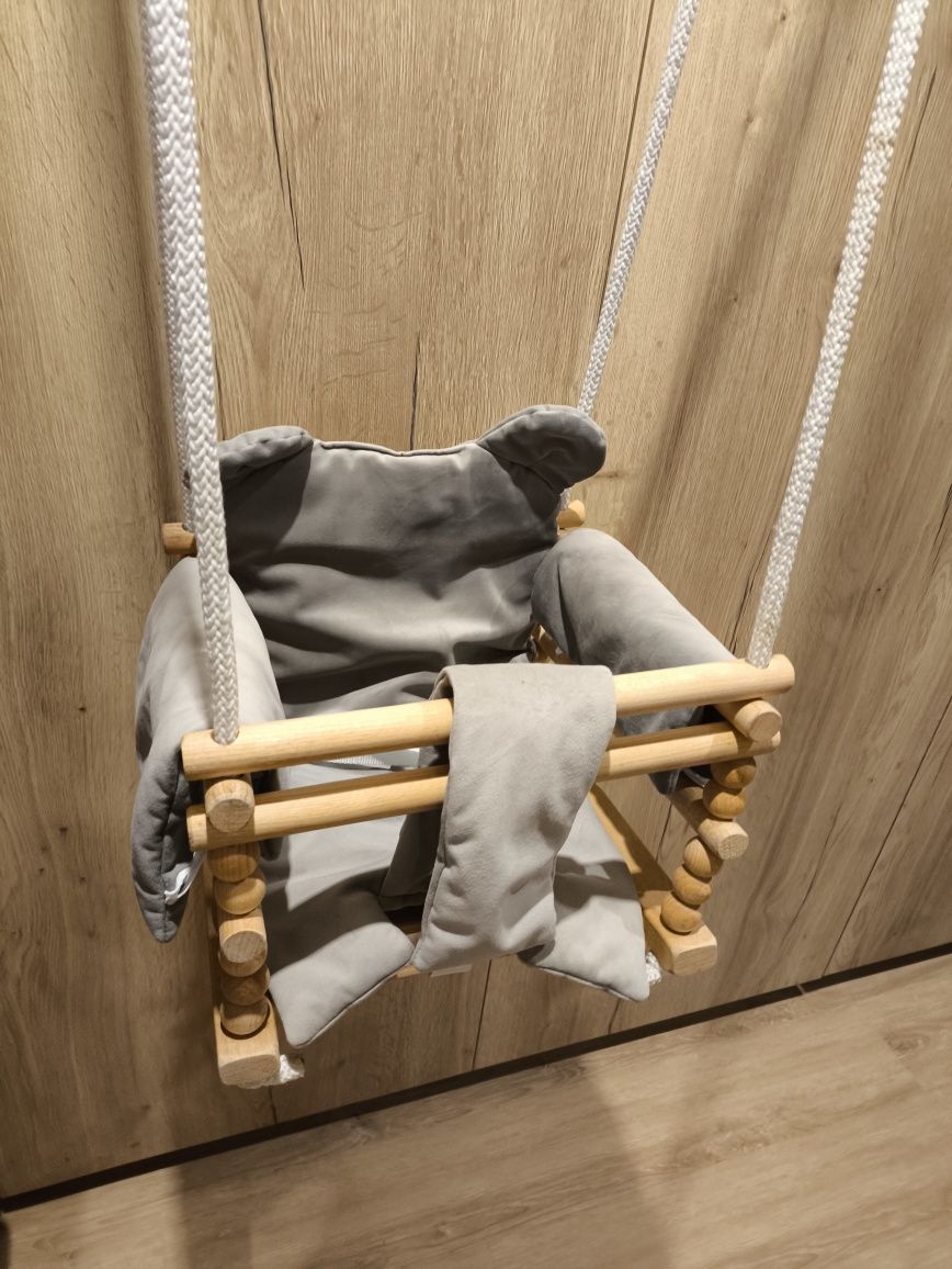 Huśtawka boho dla niemowlaka 3w1 miś welur velwet szara z zapięciem