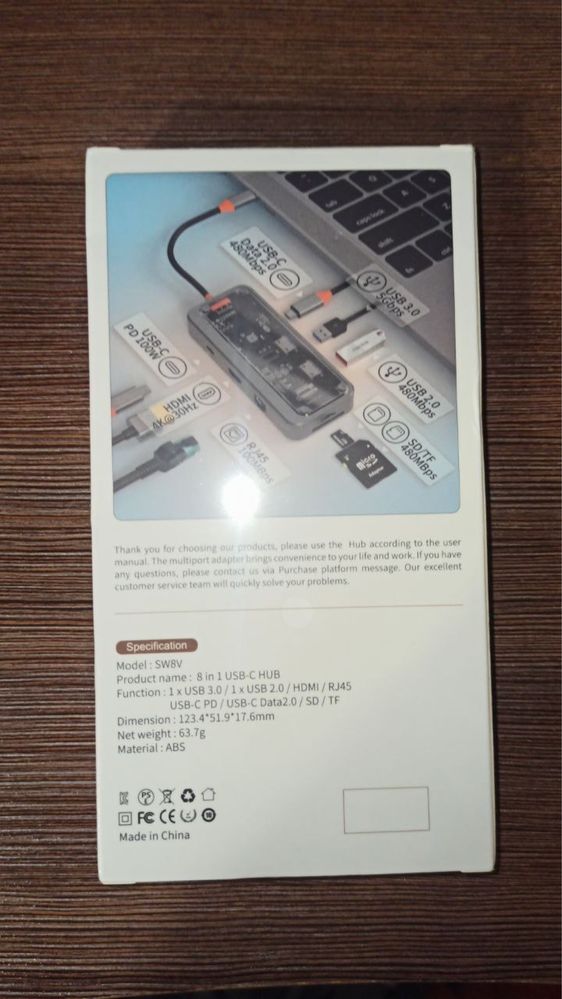 Хаб перехідник Basix SW8V ( Asometech ) USB C 3.0 Hub 100W Док станція