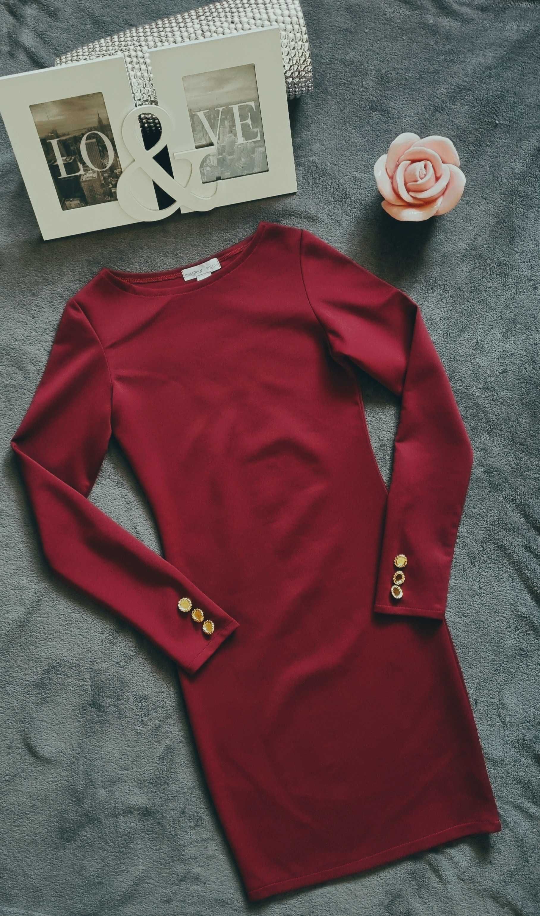 Sukienka BORDOWA ołówkowa ZŁOTE GUZIKI na Rękawach XS/S, S.M, M/L