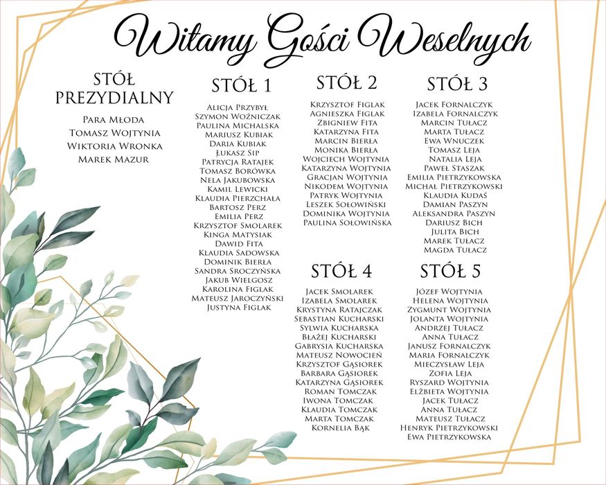 Tablica z planem stołów Tablica powitalna na wesele