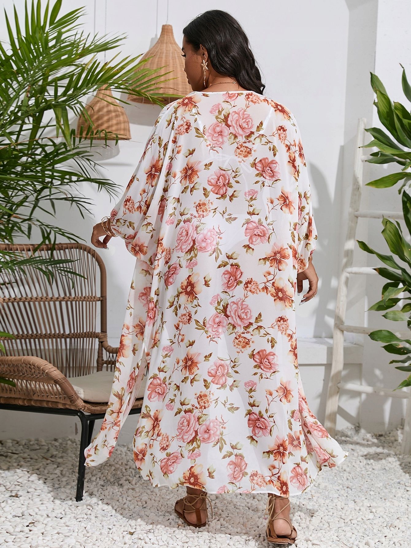 Kimono Plażowe Narzutka Długa W Kwiaty Bez Zapięcia Shein 3Xl