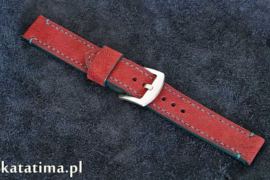 Pasek do zegarka szyty ręcznie naturalna skóra 20 mm czerwony SUPER!