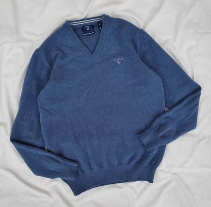 Синій вовняний светр з вишитим лого Gant джемпер вовна шерсть вінтаж