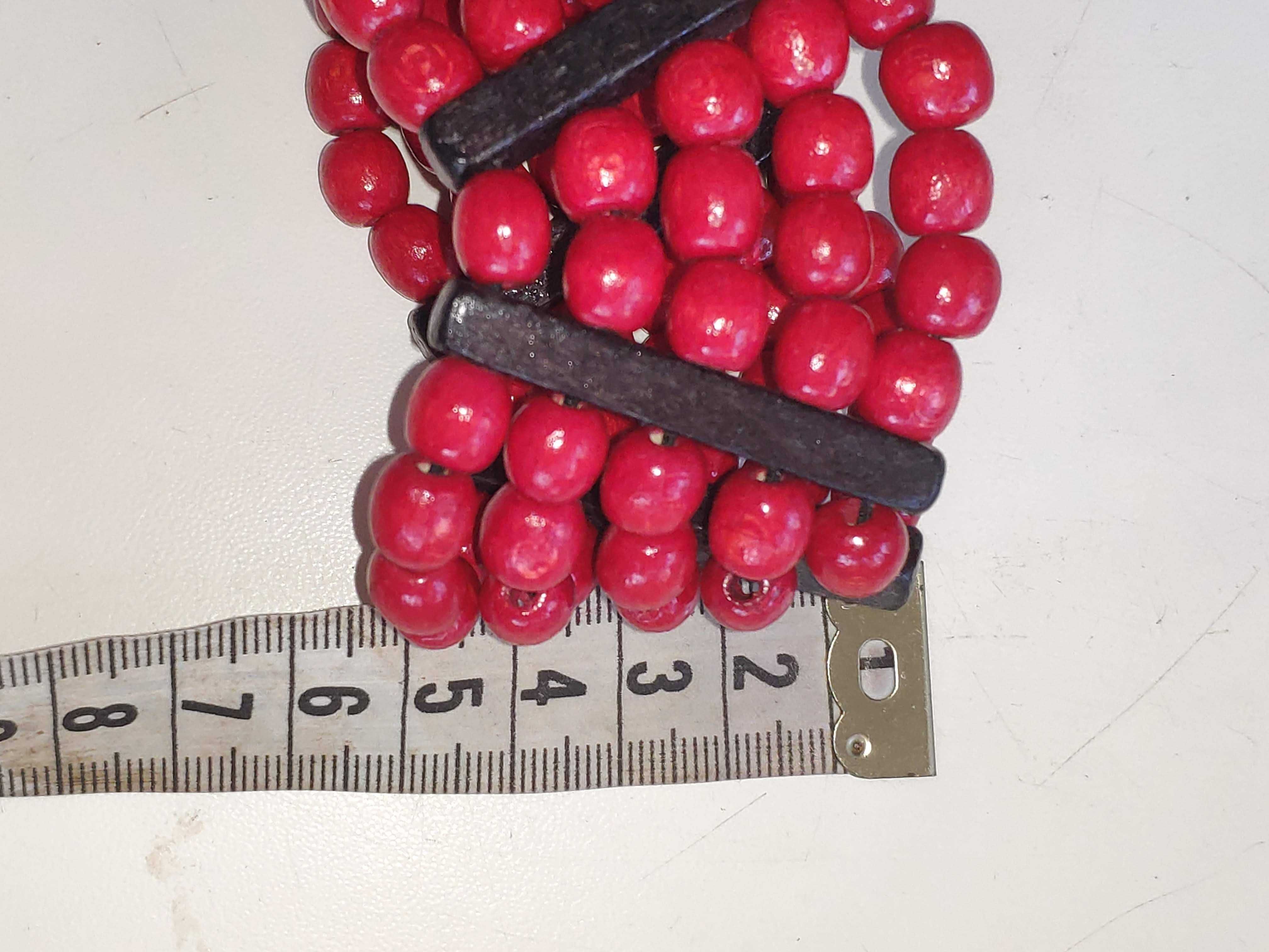 Эко браслет, деревянные бусины, красный, винтаж, резинка 14 - 21 см