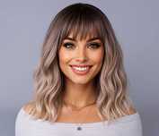 Peruka damska blond ombre popielata z grzywką Włosy falowane