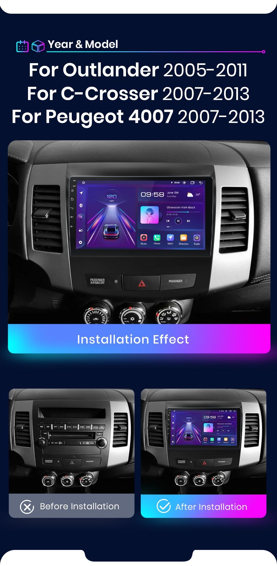 Rádio 9" Android Mitsubishi Outlander Citroen C-Cross Peugeot 4007