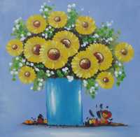 obraz do pokoju dziecka żółte kwiaty w wazonie ręcznie malowany