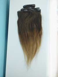 Naturalne włosy doczepiane clip in ombre 50 cm brąz ciemny blond remy