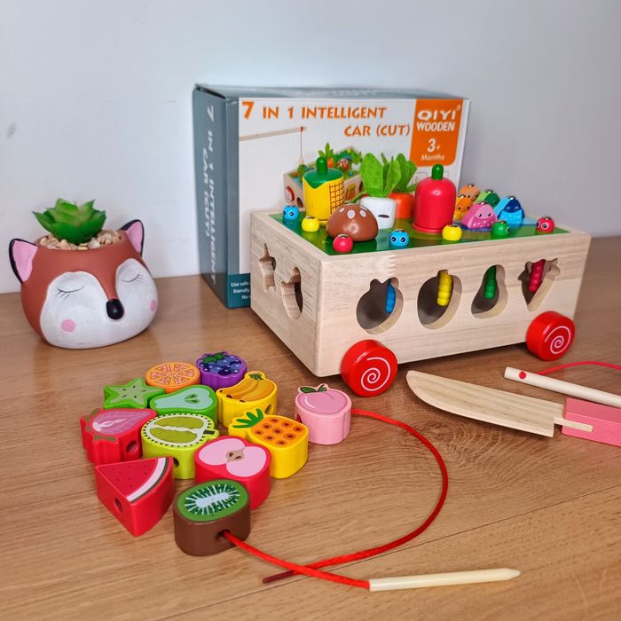 Сортер дерев'яний + каталка+ рибалка+шнурівка+ ніж і овочі на магнітах