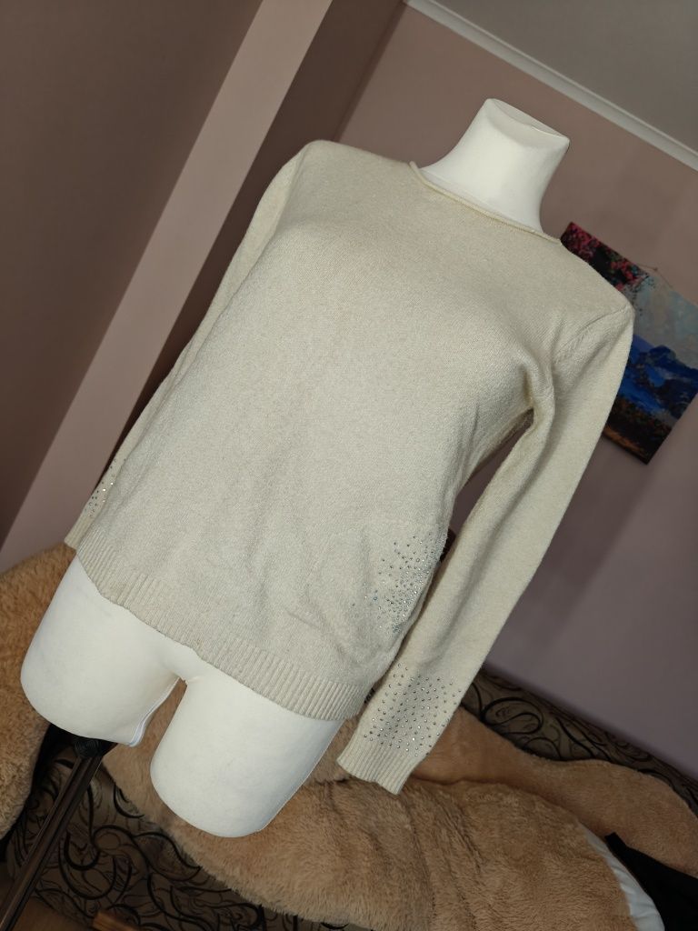 Sweter wełniany wełna merino kaszmir kremowy śmietankowy kryształki M