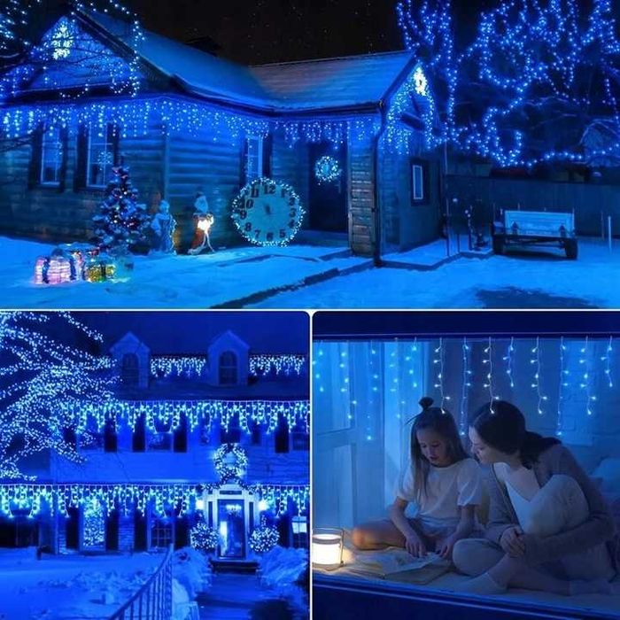 Lampki led sople 1000 42m flash niebieskie zewnętrzne ozdobne choinkow