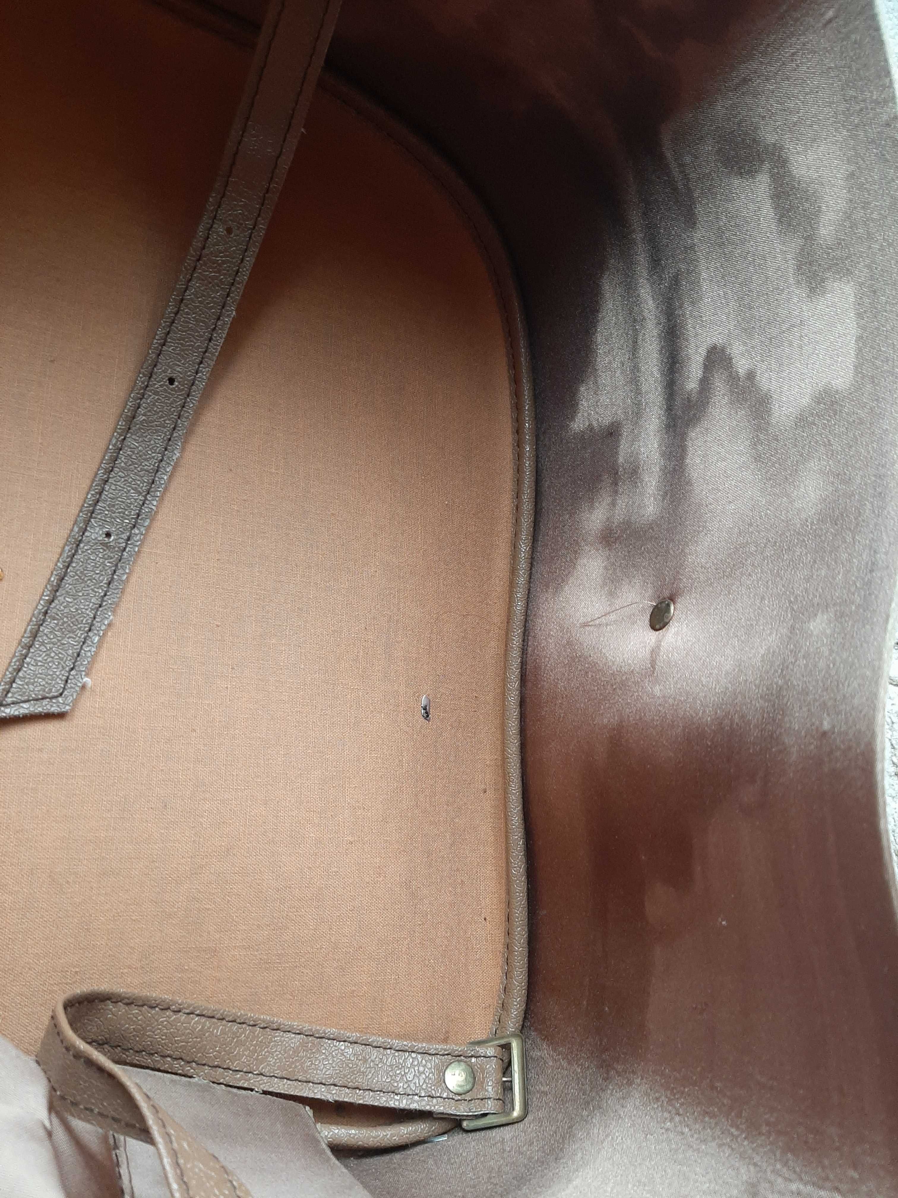 Brązowa skórzana walizka z kieszenią duża torba vintage PRL rekwizyt