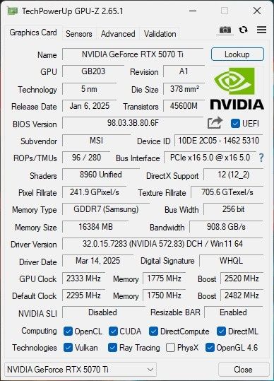 NVIDIA RTX 5070Ti MSI Ventus 3X OC