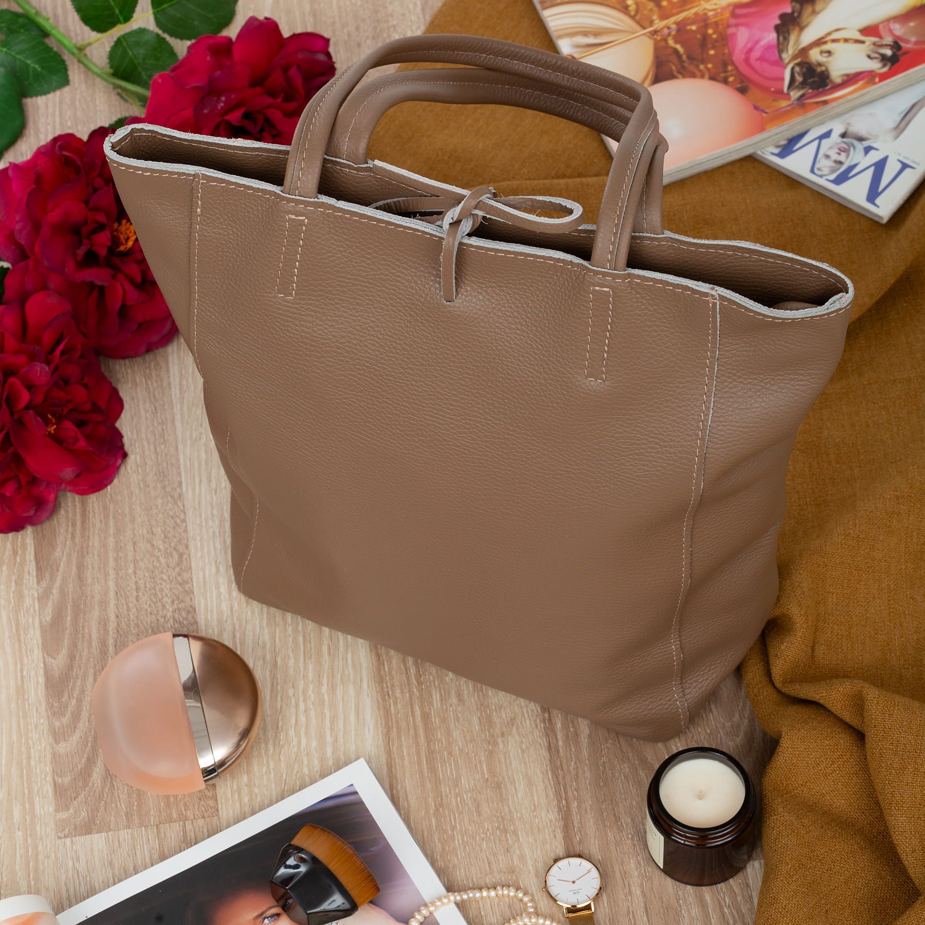 VERA PELLE torebka damska skórzana shopper z rzemykami V501 taupe