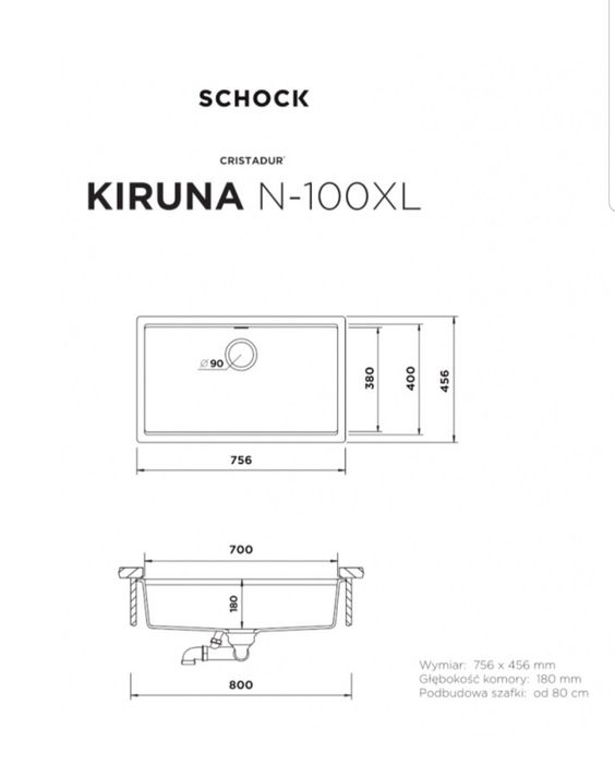 Zlew kuchenny granitowy 75cm SCHOCK Kiruna N-100XL Day CRISTADUR