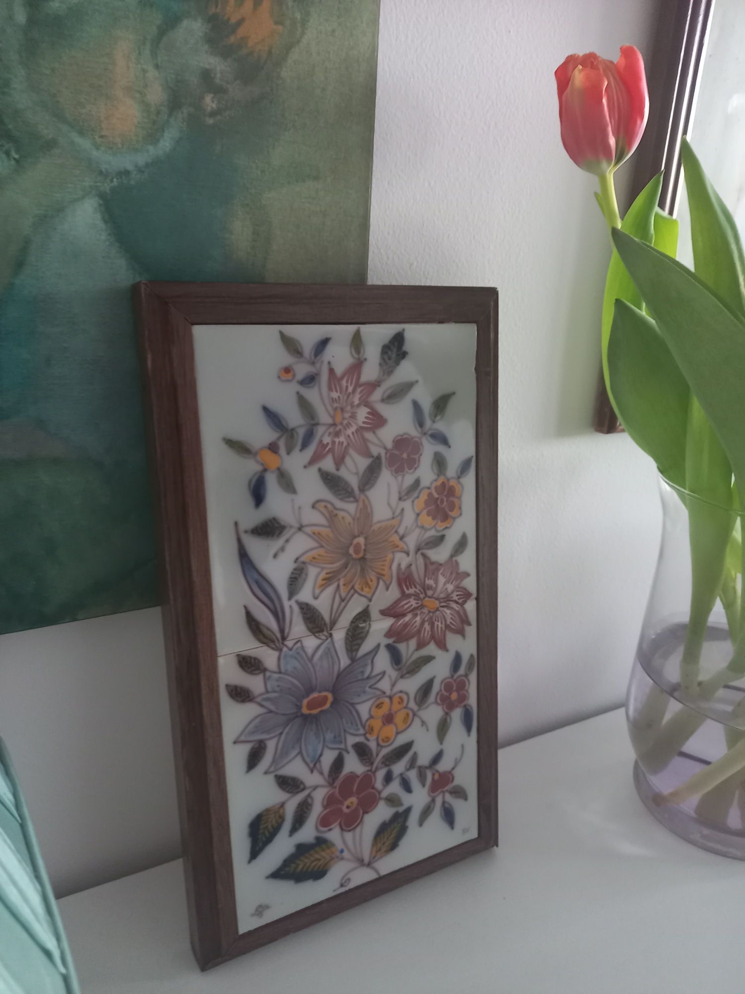Kafel malowany obraz ceramika szkło witraż kwiaty vintage fajans