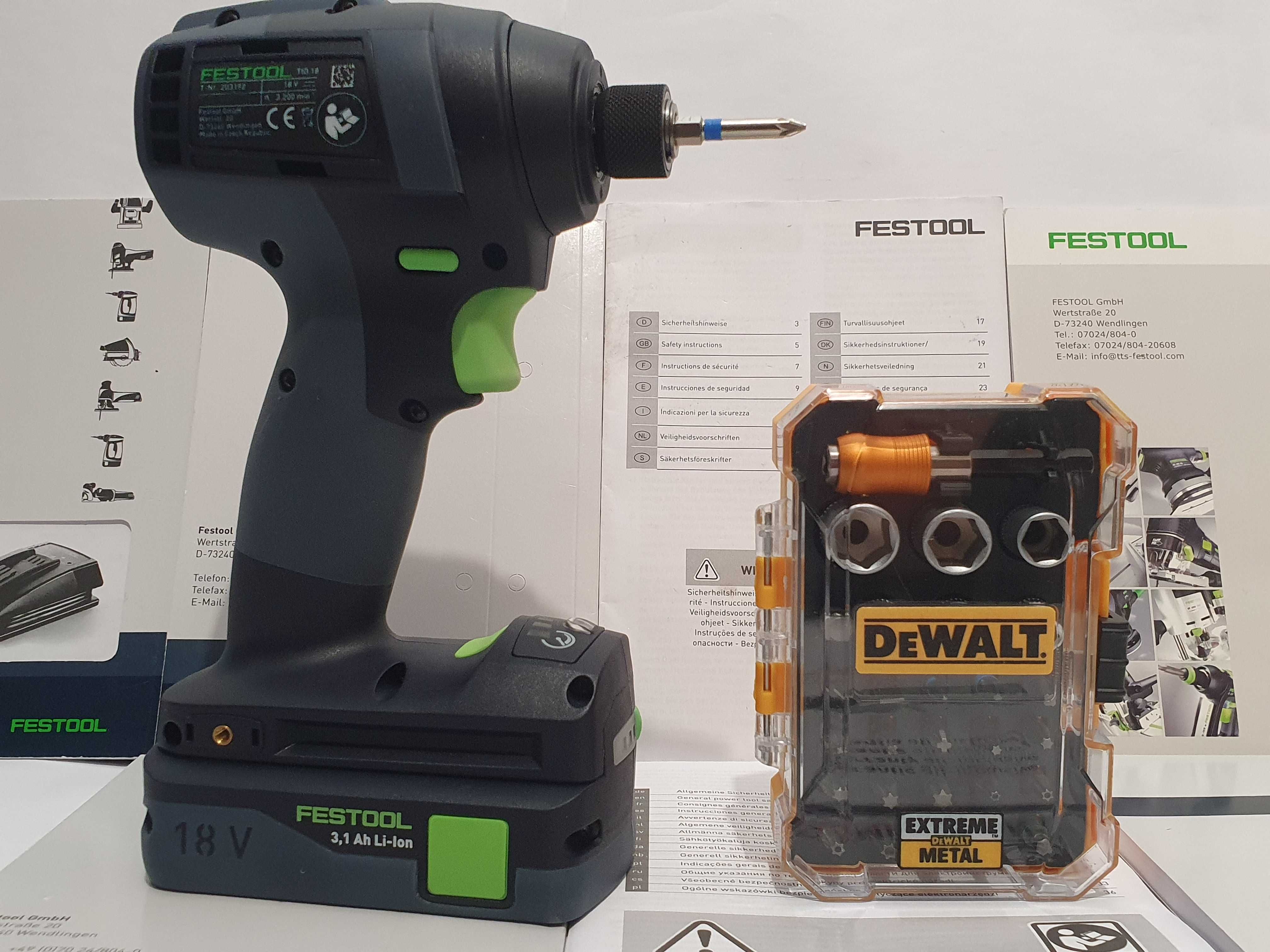 Super zestaw FESTOOL TID 18 zakrętarka udar +aku 18v 3,1Ah bity DEWALT