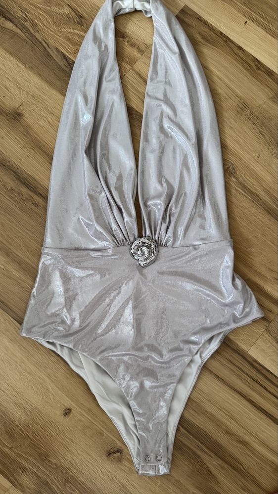 Nowe body strój kąpielowy srebrne ZARA odkryte plecy S 36