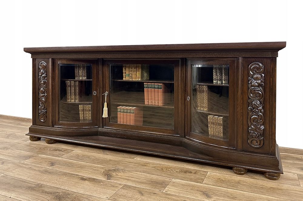 BIBLIOTEKA PODRĘCZNA rzeźbiona WITRYNA antyk podest szafka pod TV RTV