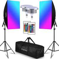 Kit iluminação foto 2 softboxes RGB e bicolor estúdio LED