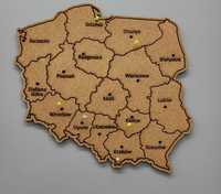 Mapa Polski korek tablica korkowa; grawerowana; województwa miasta