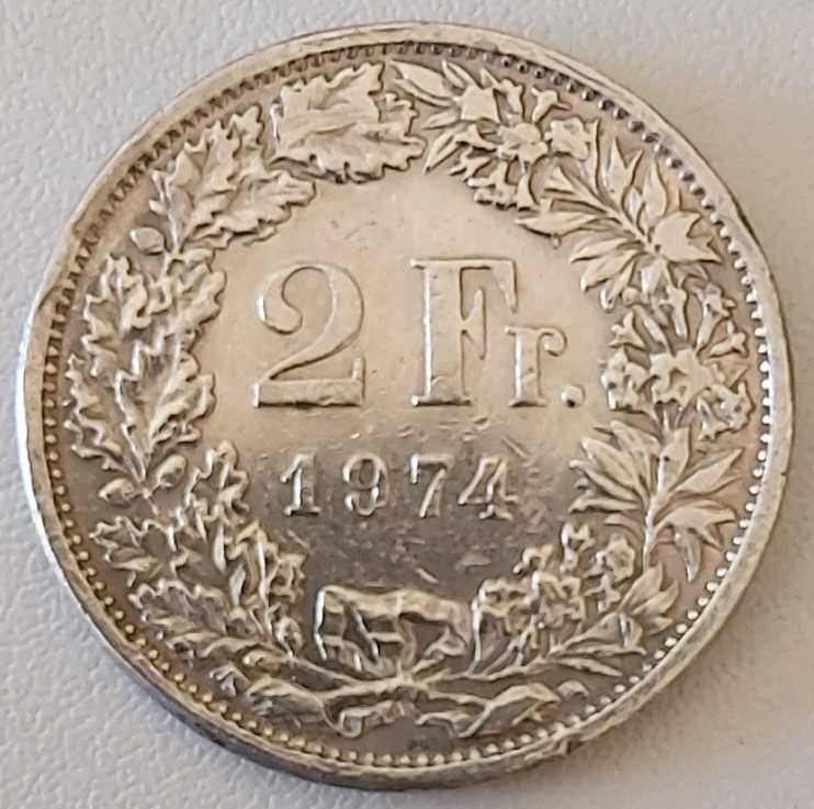 2 Francos de 1974 da Suíça com Reverso invertido