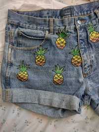Jeansowe spodenki szorty shorts ręcznie malowane ananasy L 40
 Pas 46c