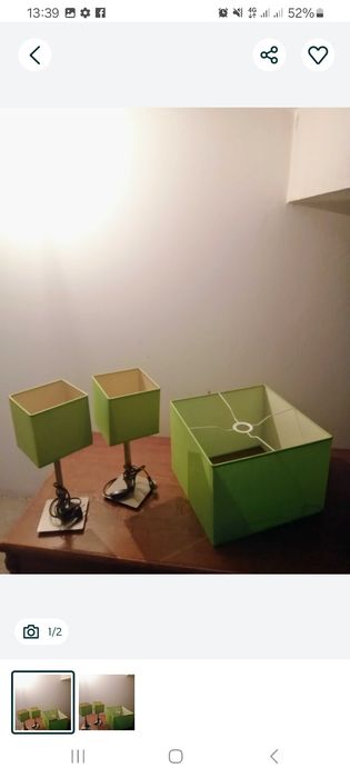 2 Candeeiros de mesa e um candeeiro de teto verdes