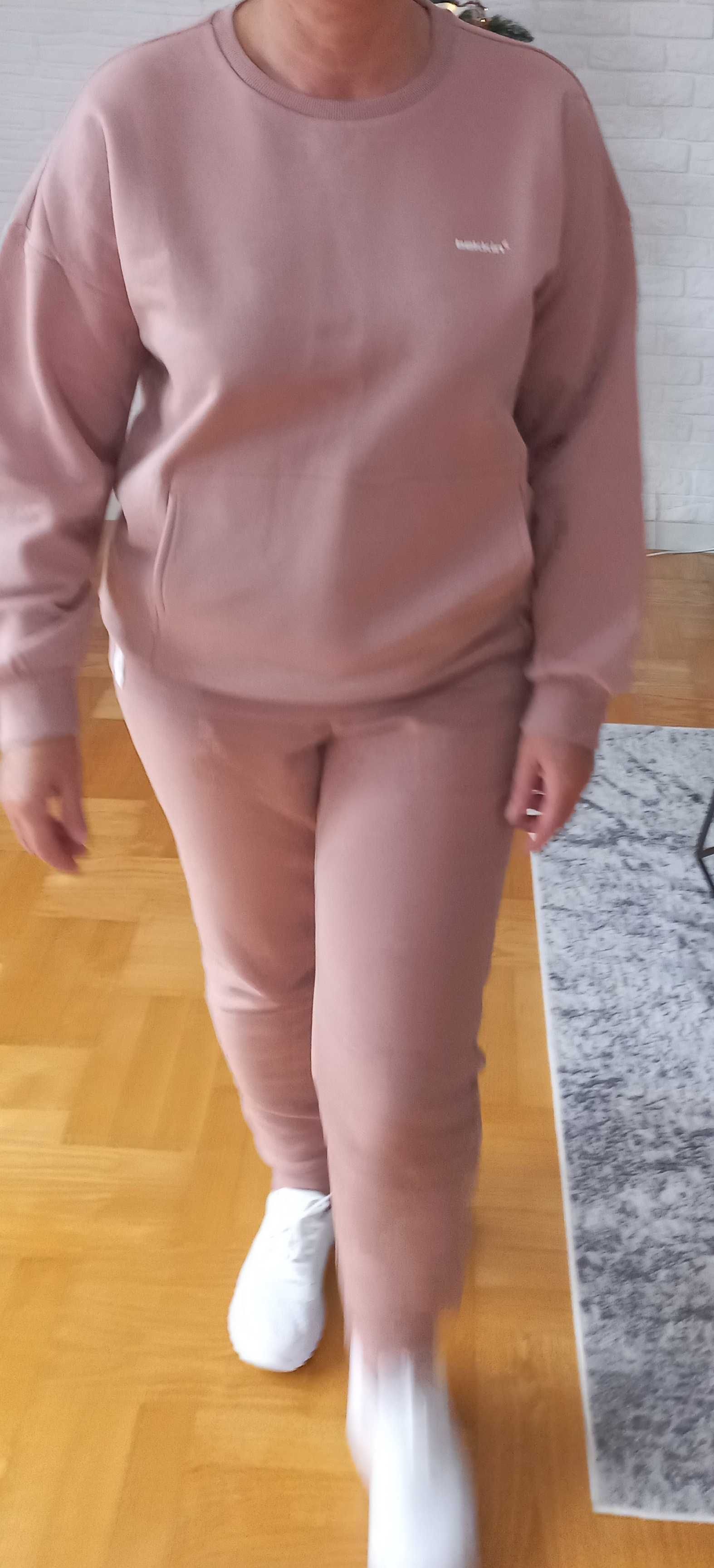 Damski DRES 2części r.M/L ocieplony, bawełna j.NOWY pudrowy róż / beż