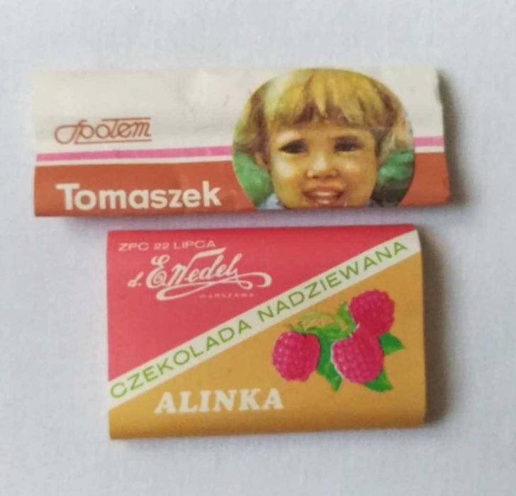 Opakowania po czekoladkach, batonikach Tomaszek i Alinka PRL