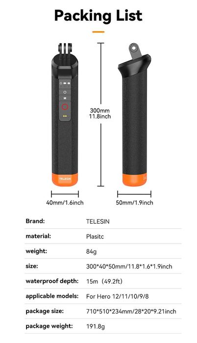 TELESIN drążek kijek wypornościowy Selfie Stick wodoodporny pilot