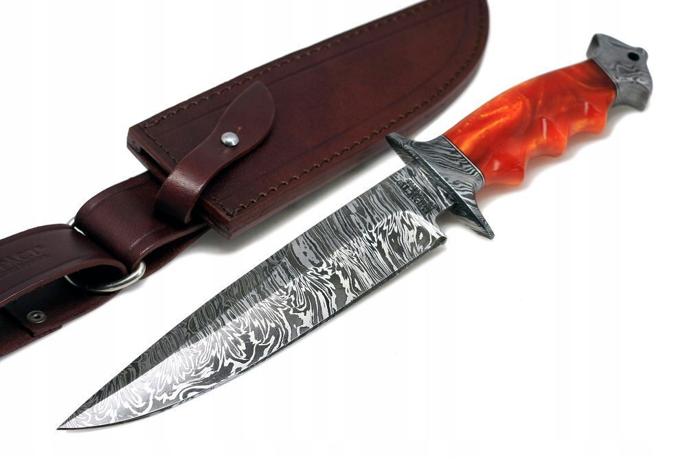 Nóż myśliwski ręcznie wykonany wojskowy BOWIE stal DAMASCEŃSKA ETUI